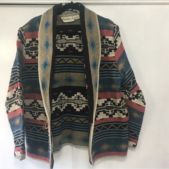 Vintage Flashback Womens Aztec Western  Blanket Oversized Jacket Tan Blue Size M - Picture 3 of 13